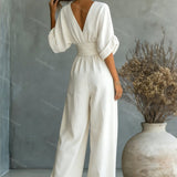 Belted V-Neck Wide Leg Jumpsuit