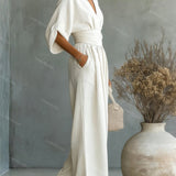 Belted V-Neck Wide Leg Jumpsuit