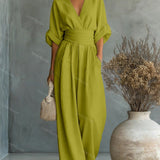 Belted V-Neck Wide Leg Jumpsuit