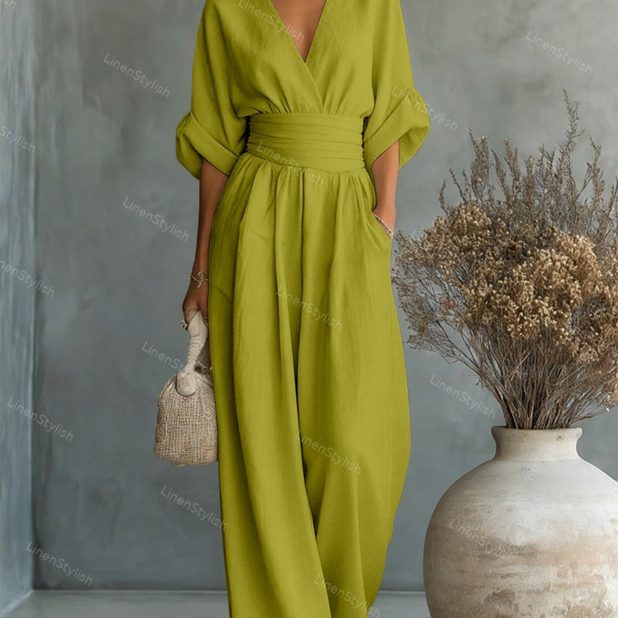 Belted V-Neck Wide Leg Jumpsuit