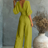 Belted V-Neck Wide Leg Jumpsuit