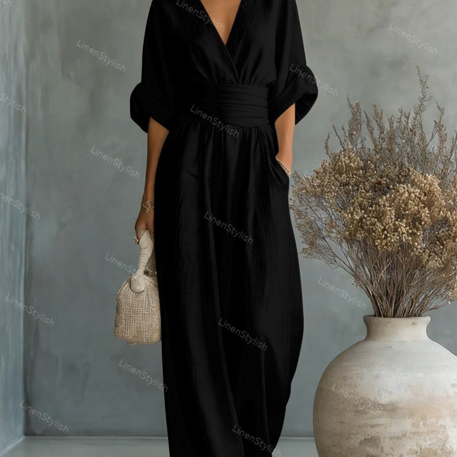 Belted V-Neck Wide Leg Jumpsuit