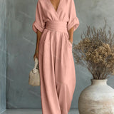 Belted V-Neck Wide Leg Jumpsuit