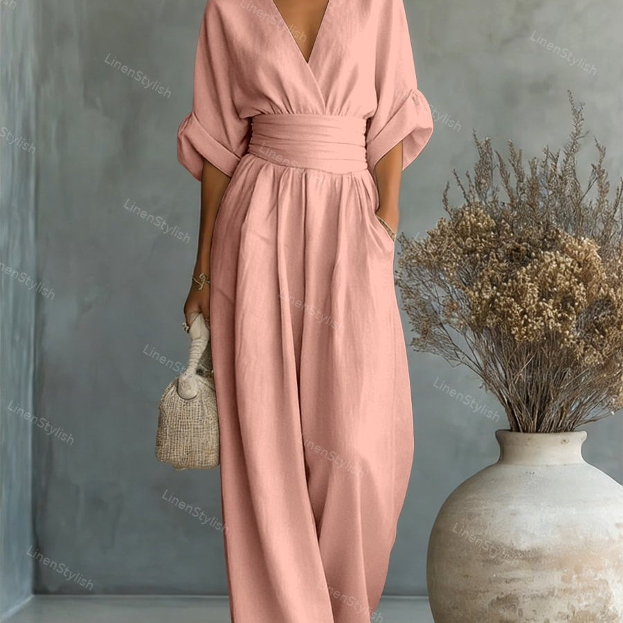 Belted V-Neck Wide Leg Jumpsuit