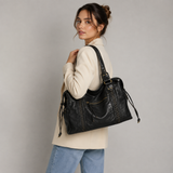 Women's Black Faux Leather Shoulder Bag with Zip Pockets