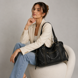 Women's Black Faux Leather Shoulder Bag with Zip Pockets