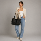 Women's Black Faux Leather Shoulder Bag with Zip Pockets