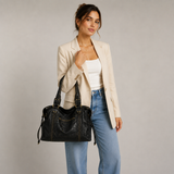 Women's Black Faux Leather Shoulder Bag with Zip Pockets