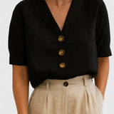 Button Front Short Sleeve Knit Top