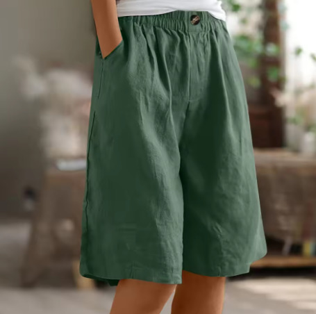 Elastic Waist Linen Blend Bermuda Shorts