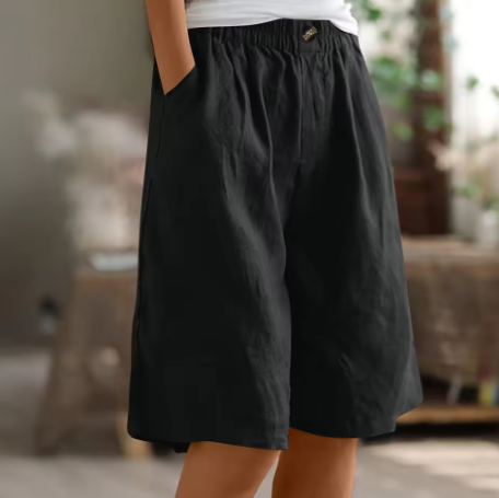 Elastic Waist Linen Blend Bermuda Shorts