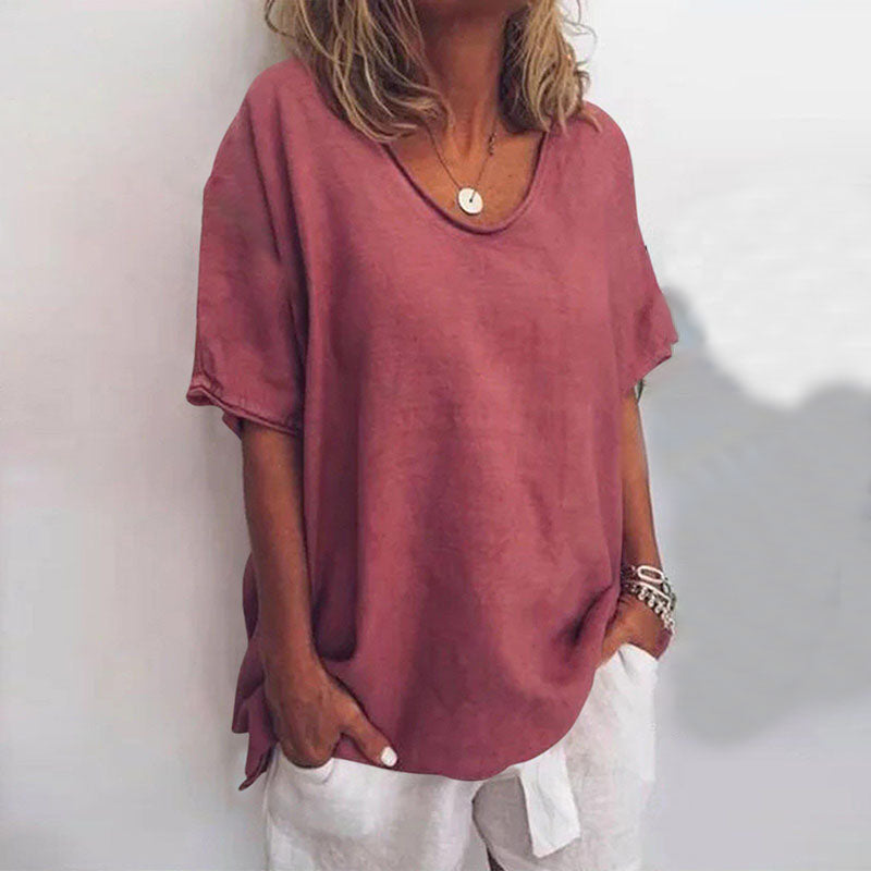 Relaxed V-Neck Short Sleeve Blouse