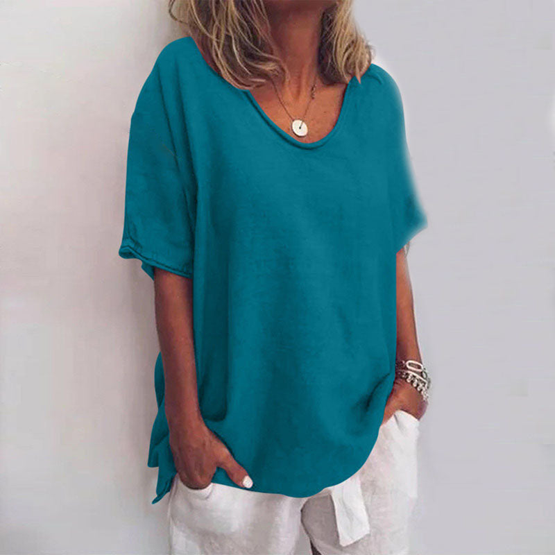 Relaxed V-Neck Short Sleeve Blouse