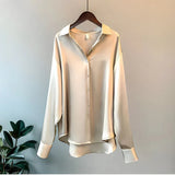 Satin Button Front Long Sleeve Blouse