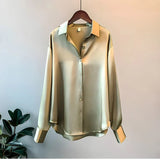 Satin Button Front Long Sleeve Blouse