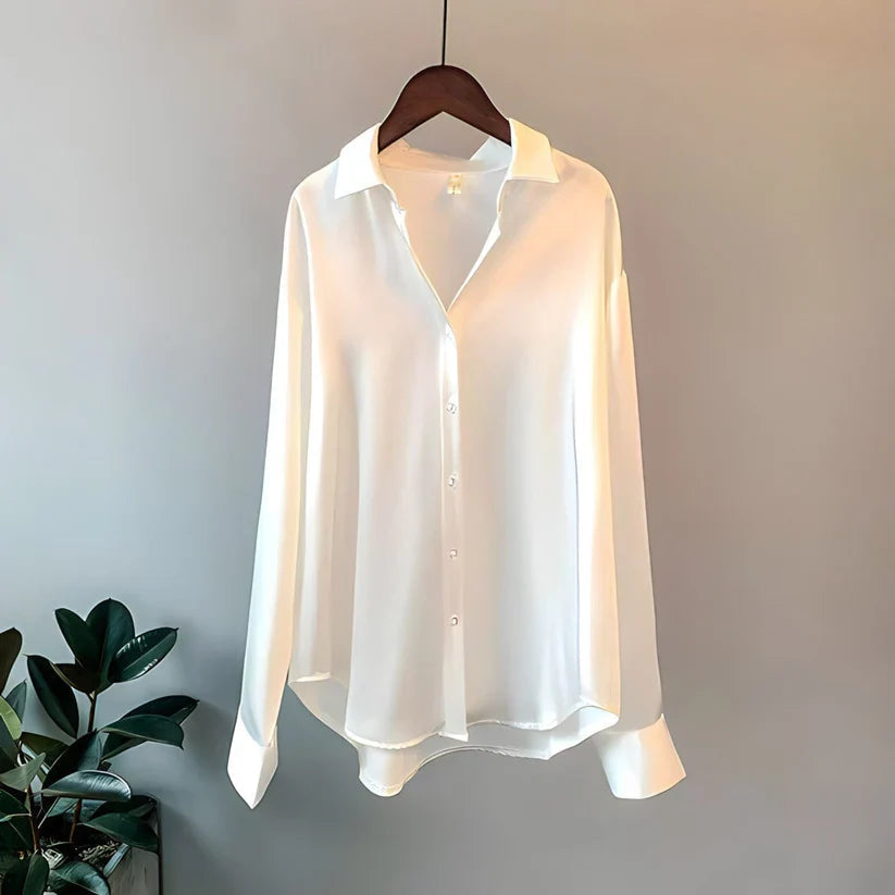 Satin Button Front Long Sleeve Blouse