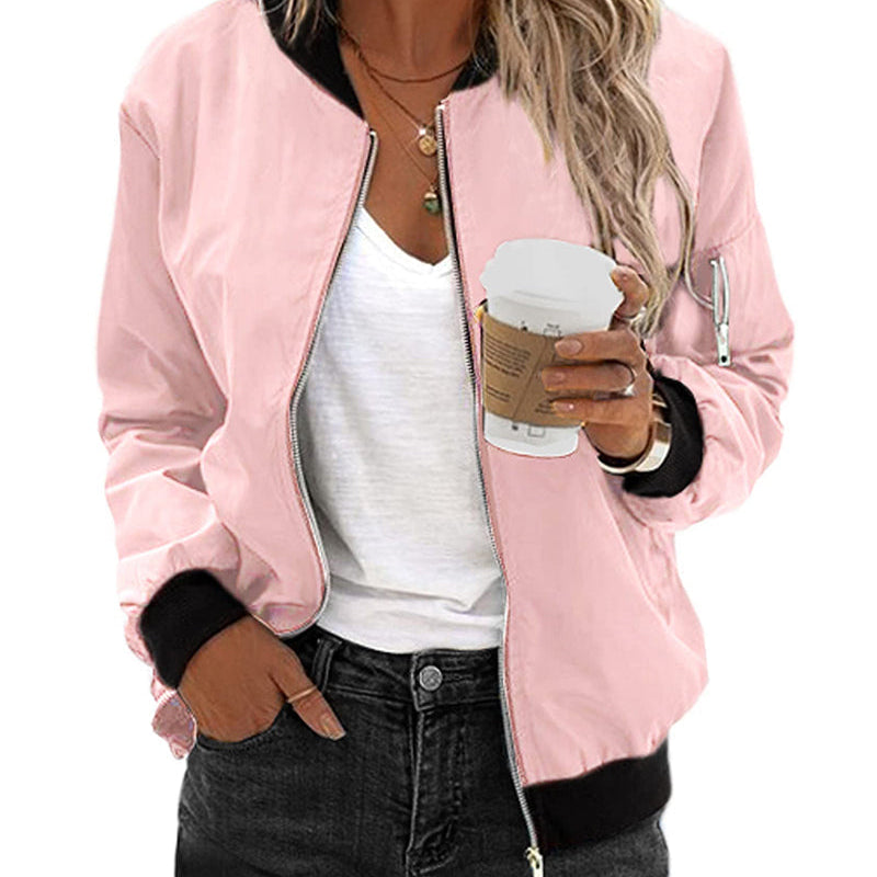 Women's Lightweight Zip-Up Bomber Jacket with Ribbed Cuffs