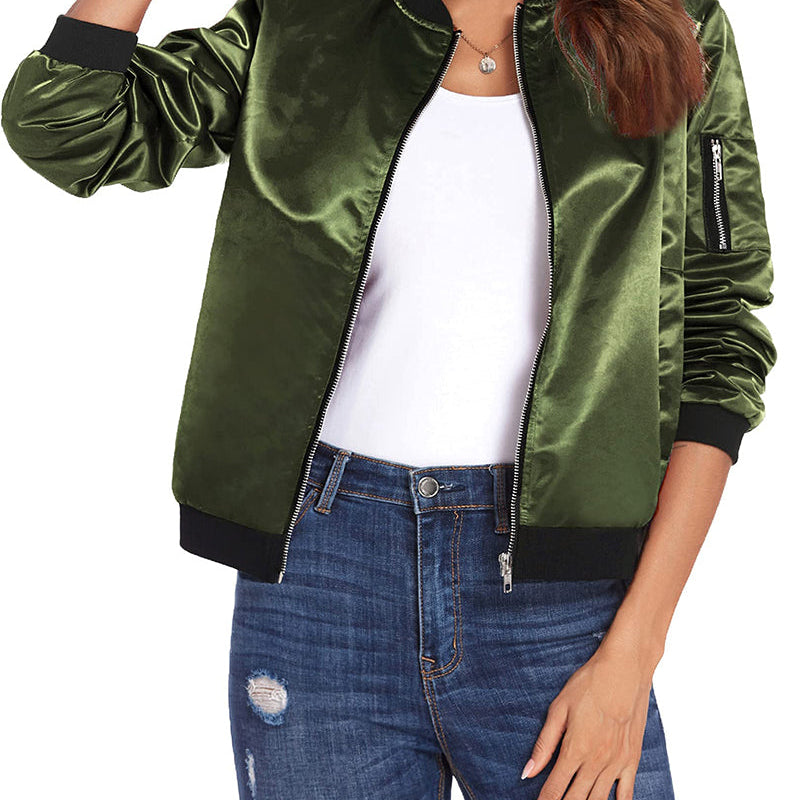 Women's Lightweight Zip-Up Bomber Jacket with Ribbed Cuffs