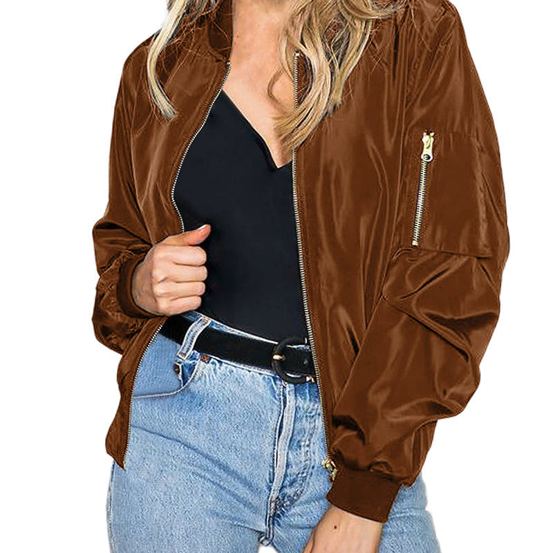 Women's Lightweight Zip-Up Bomber Jacket with Ribbed Cuffs
