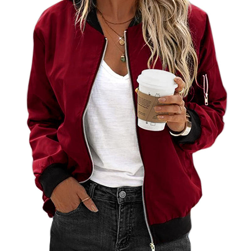 Women's Lightweight Zip-Up Bomber Jacket with Ribbed Cuffs