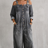 Women's Off-Shoulder Wide-Leg Button-Front Overalls