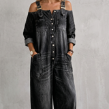 Women's Off-Shoulder Wide-Leg Button-Front Overalls