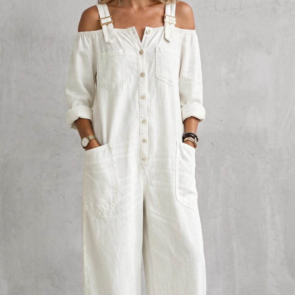Women's Off-Shoulder Wide-Leg Button-Front Overalls