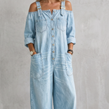 Women's Off-Shoulder Wide-Leg Button-Front Overalls