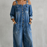 Women's Off-Shoulder Wide-Leg Button-Front Overalls