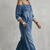Women's Off-Shoulder Wide-Leg Button-Front Overalls