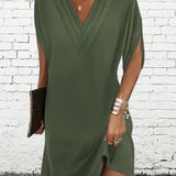 V-Neck Batwing Midi Dress with Side Slit