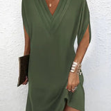 V-Neck Batwing Midi Dress with Side Slit
