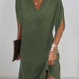 V-Neck Batwing Midi Dress with Side Slit