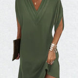 V-Neck Batwing Midi Dress with Side Slit