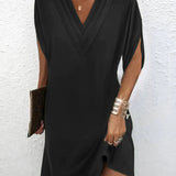 V-Neck Batwing Midi Dress with Side Slit
