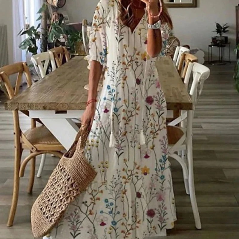 Floral V-Neck Button Front Midi Dress