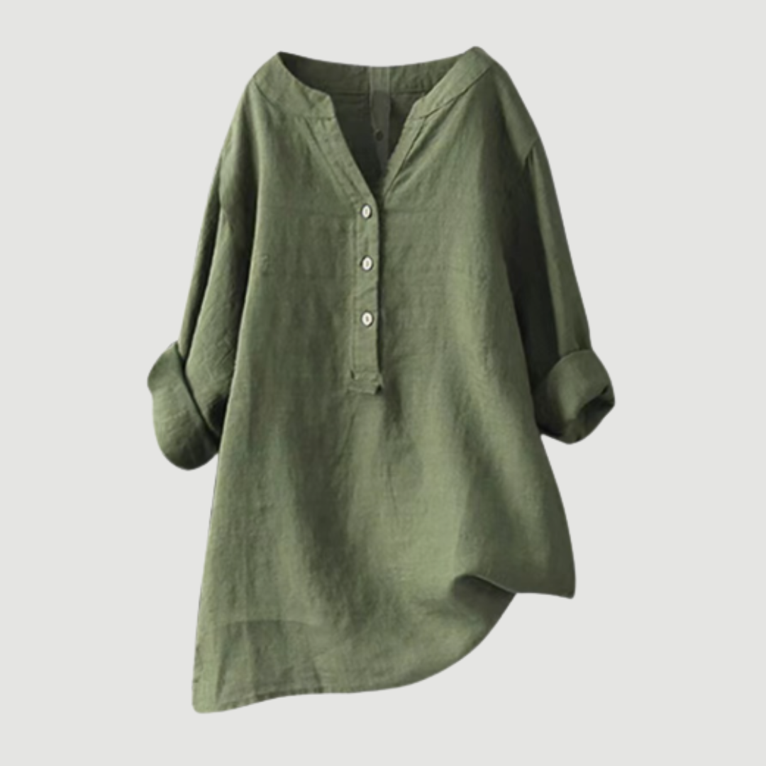 Rolled Sleeve Linen Blend V-Neck Blouse