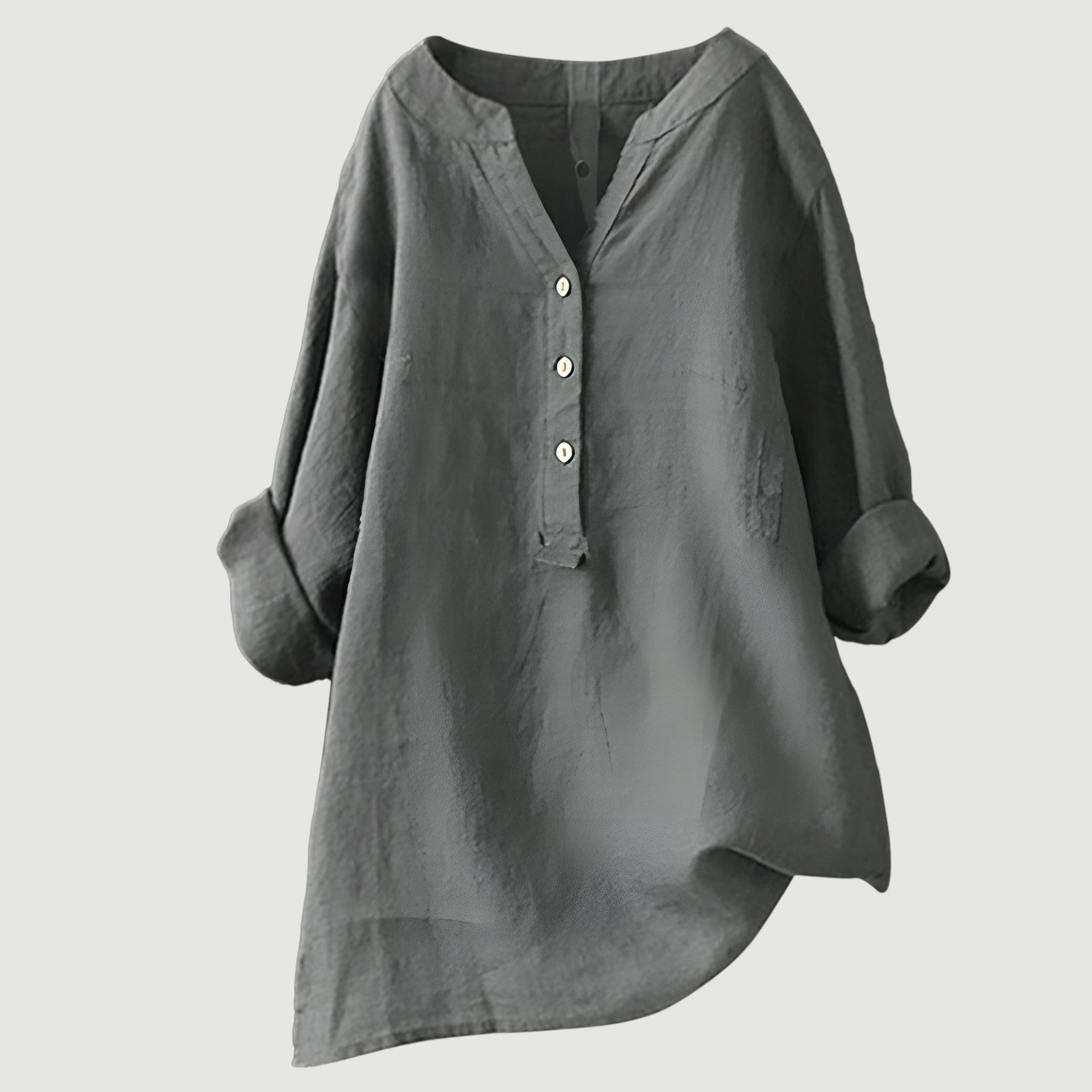 Rolled Sleeve Linen Blend V-Neck Blouse