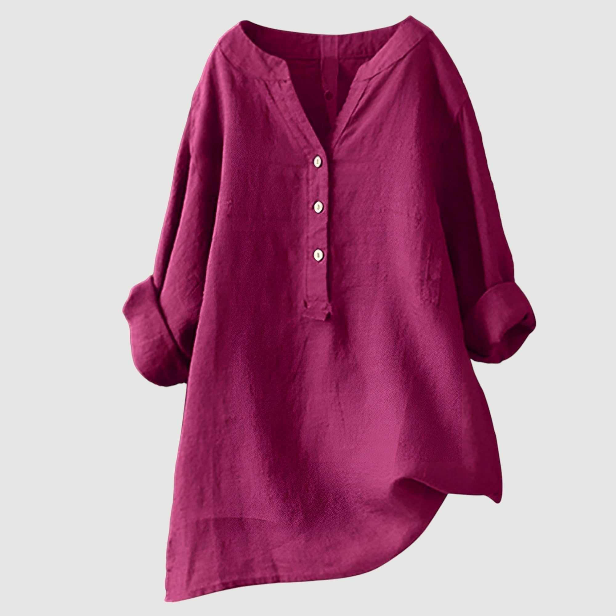 Rolled Sleeve Linen Blend V-Neck Blouse