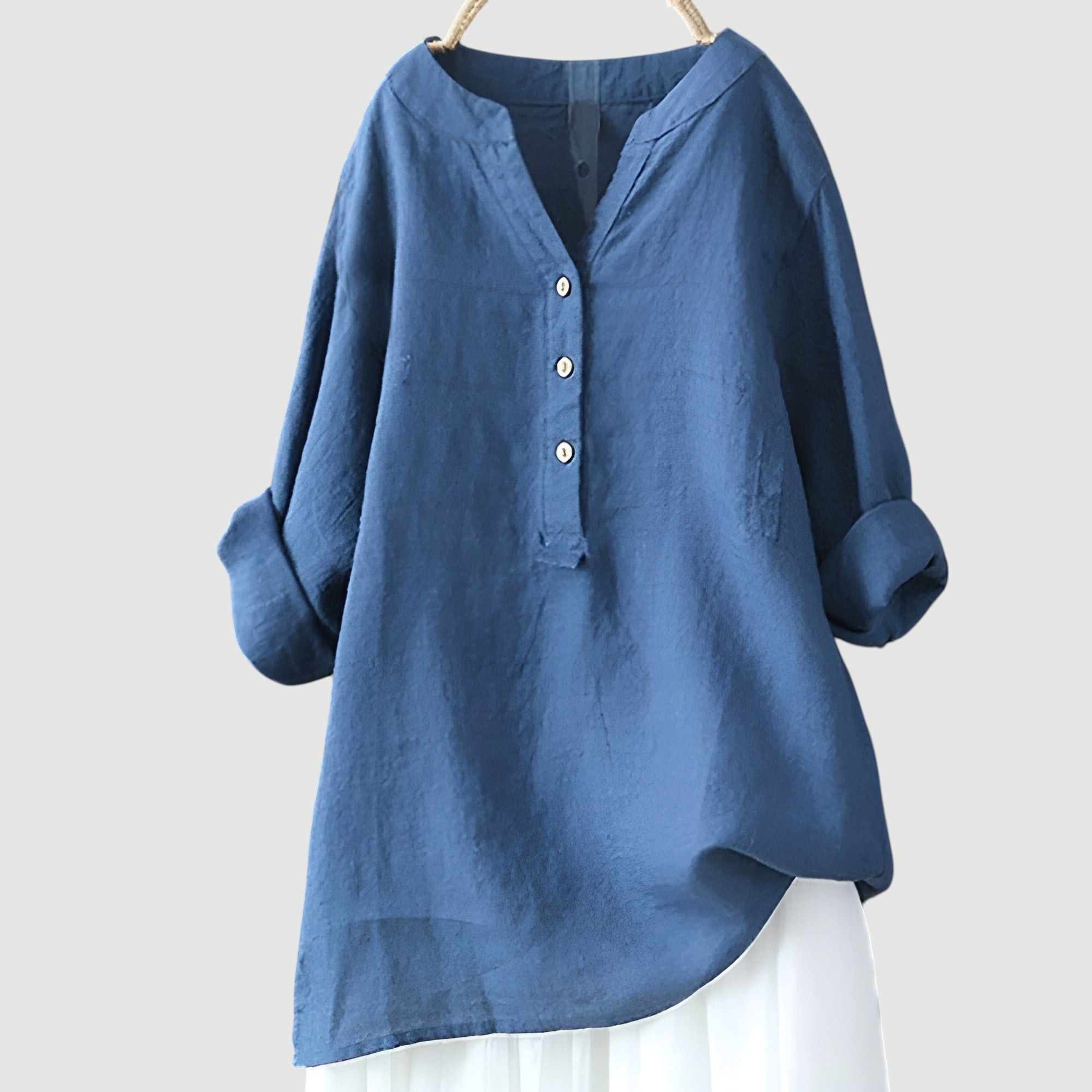 Rolled Sleeve Linen Blend V-Neck Blouse