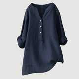 Rolled Sleeve Linen Blend V-Neck Blouse