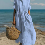 Button Front Linen Maxi Shirt Dress