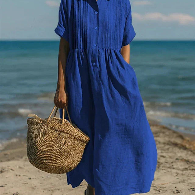 Button Front Linen Maxi Shirt Dress