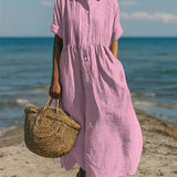 Button Front Linen Maxi Shirt Dress