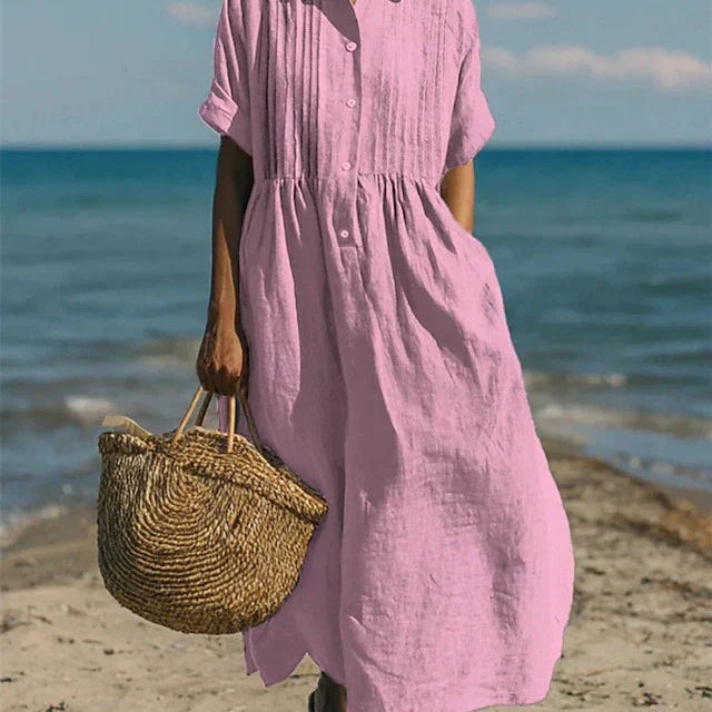 Button Front Linen Maxi Shirt Dress