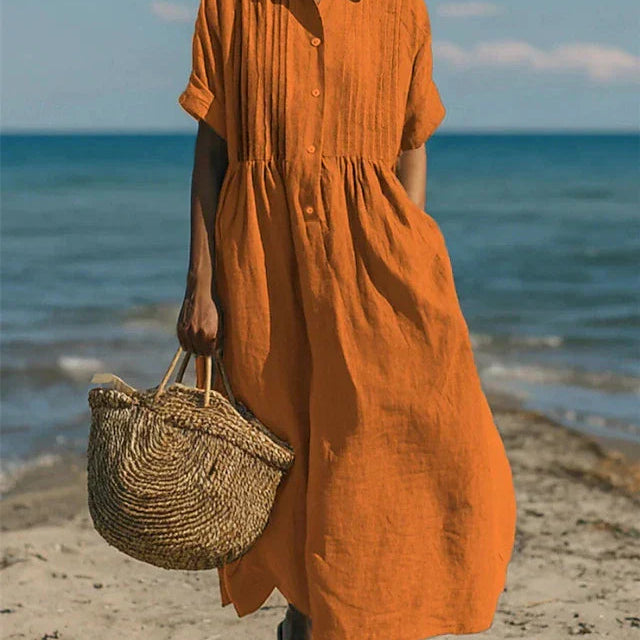 Button Front Linen Maxi Shirt Dress