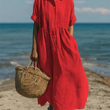 Button Front Linen Maxi Shirt Dress