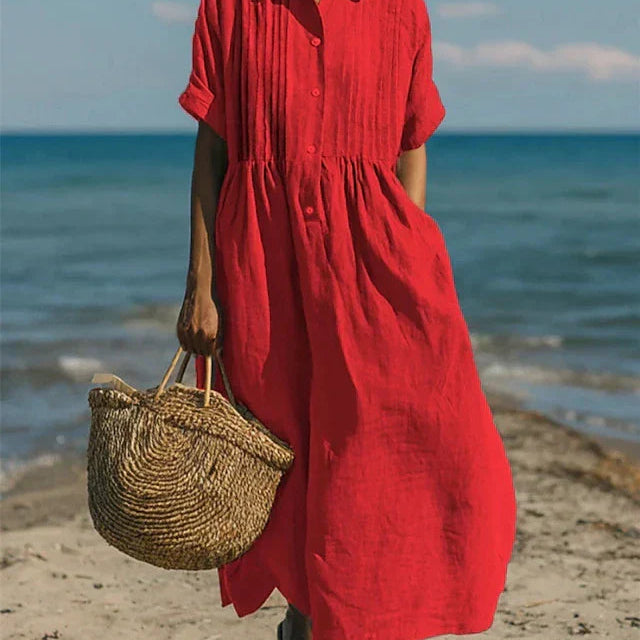 Button Front Linen Maxi Shirt Dress