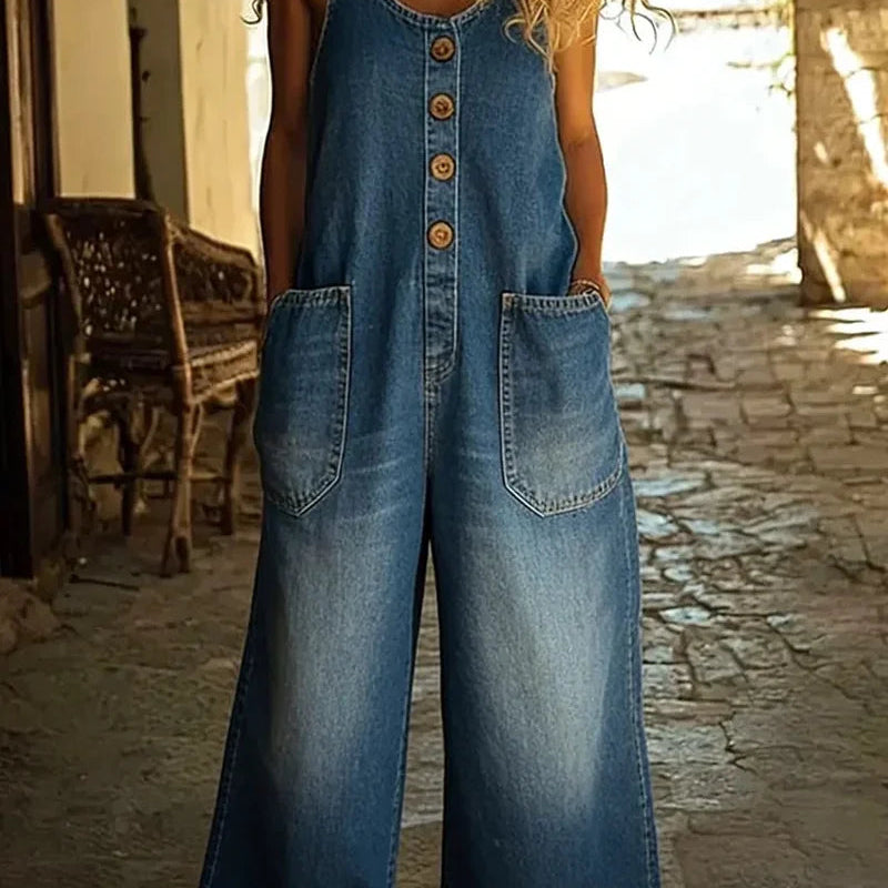 Button Front Denim Jumpsuit