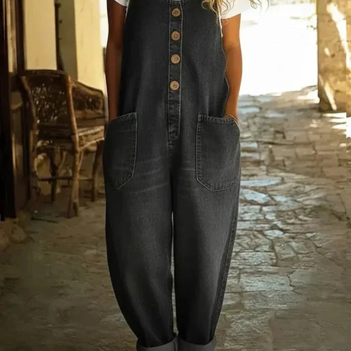 Button Front Denim Jumpsuit